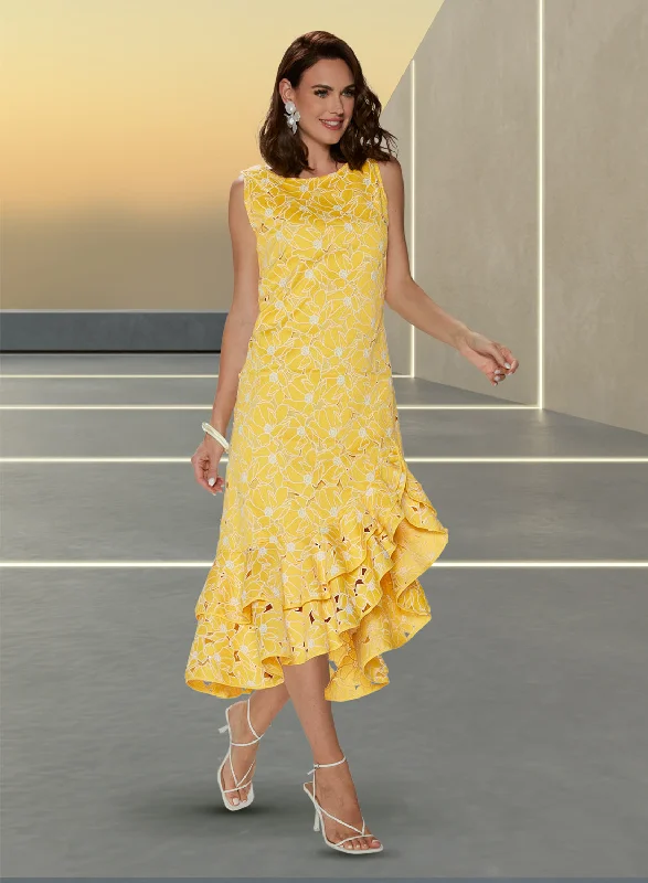 Love the Queen 17562 - Yellow - Lined Floral Embroidery Fabric Dress with Tiered Flounce Skirt Tunics Chic elegant