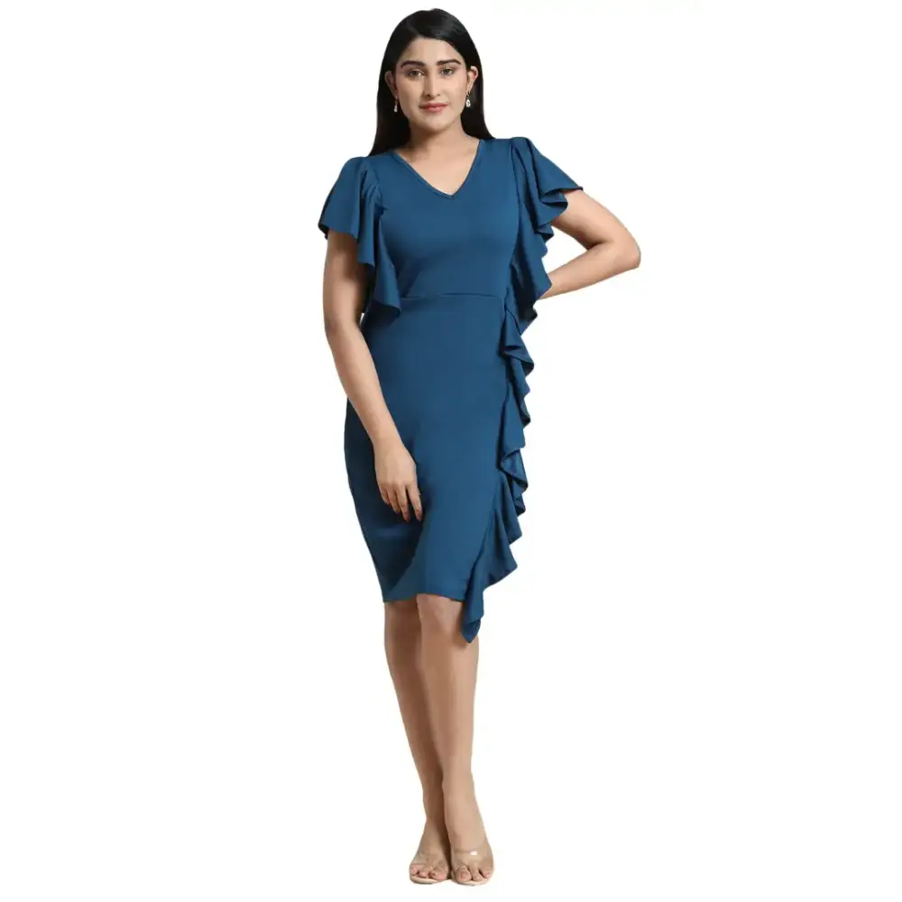 LeeliPeeri Bodycon A line Knee Length Stylish One Piece Ruffle Dress Boatneck Modish Everyday