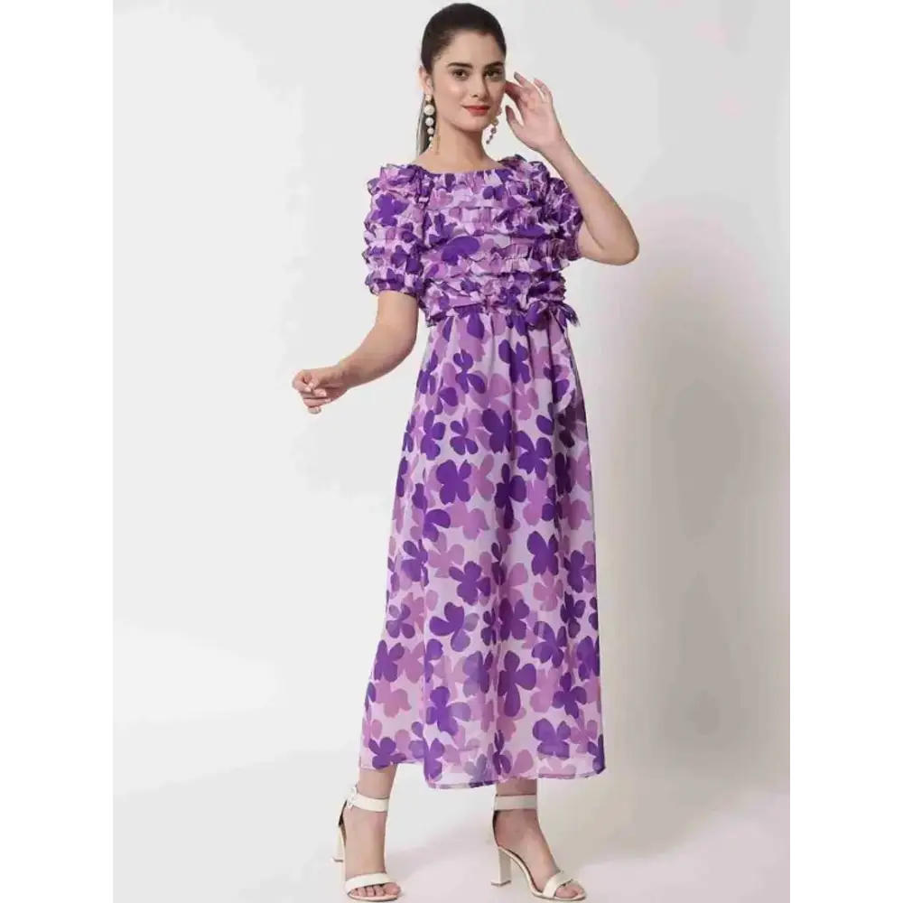 Women Flower Printed Dress Purple Tunics Leisure comfortable