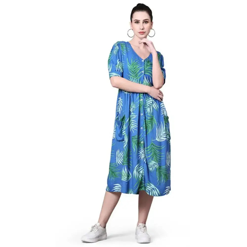 POMEGAL Stylish Midi Length Royal Blue Color Antifit Tropical Print Rayon Dobby Western Dress Puffed Sleeves for Women Latest One Piece Dress(Royal Blue)(L) A-Line Day Work