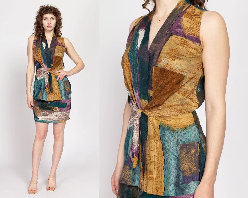 Medium 80s Earth Tone Abstract Print Top & Mini Skirt Set cashmere skirt soft