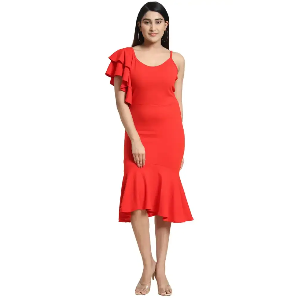 LeeliPeeri Desigvner Bodycon A line Knee Length One Piece Ruffle Dress Cowl Neckline Elegant