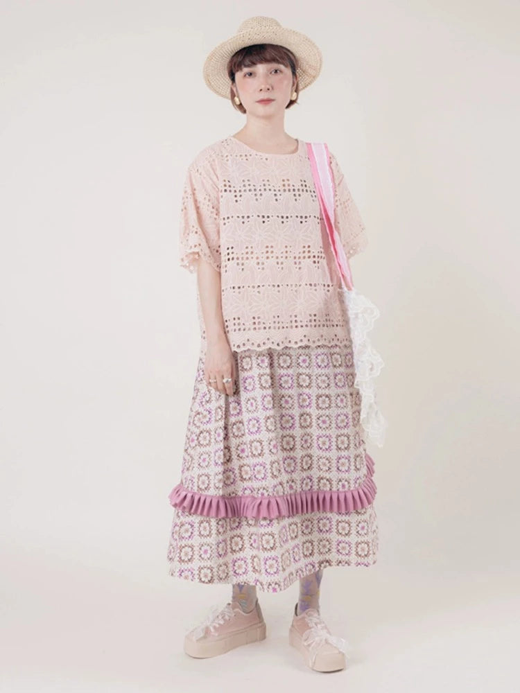 Purple pink printed lace skirt【s0000006895】 vintage skirt charm