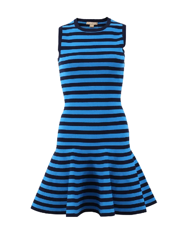 Striped Flounce Knit Dress Tunics Short Trendy