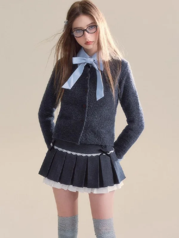 Colorblocking tweed vintage pleated skirt【s0000005513】 linen skirt airy