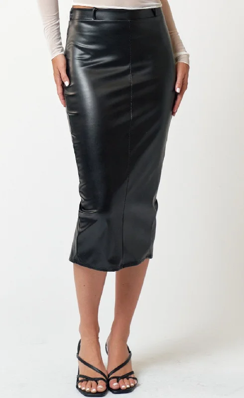Maxi Faux leather skirt with back slit silk skirt lustrous