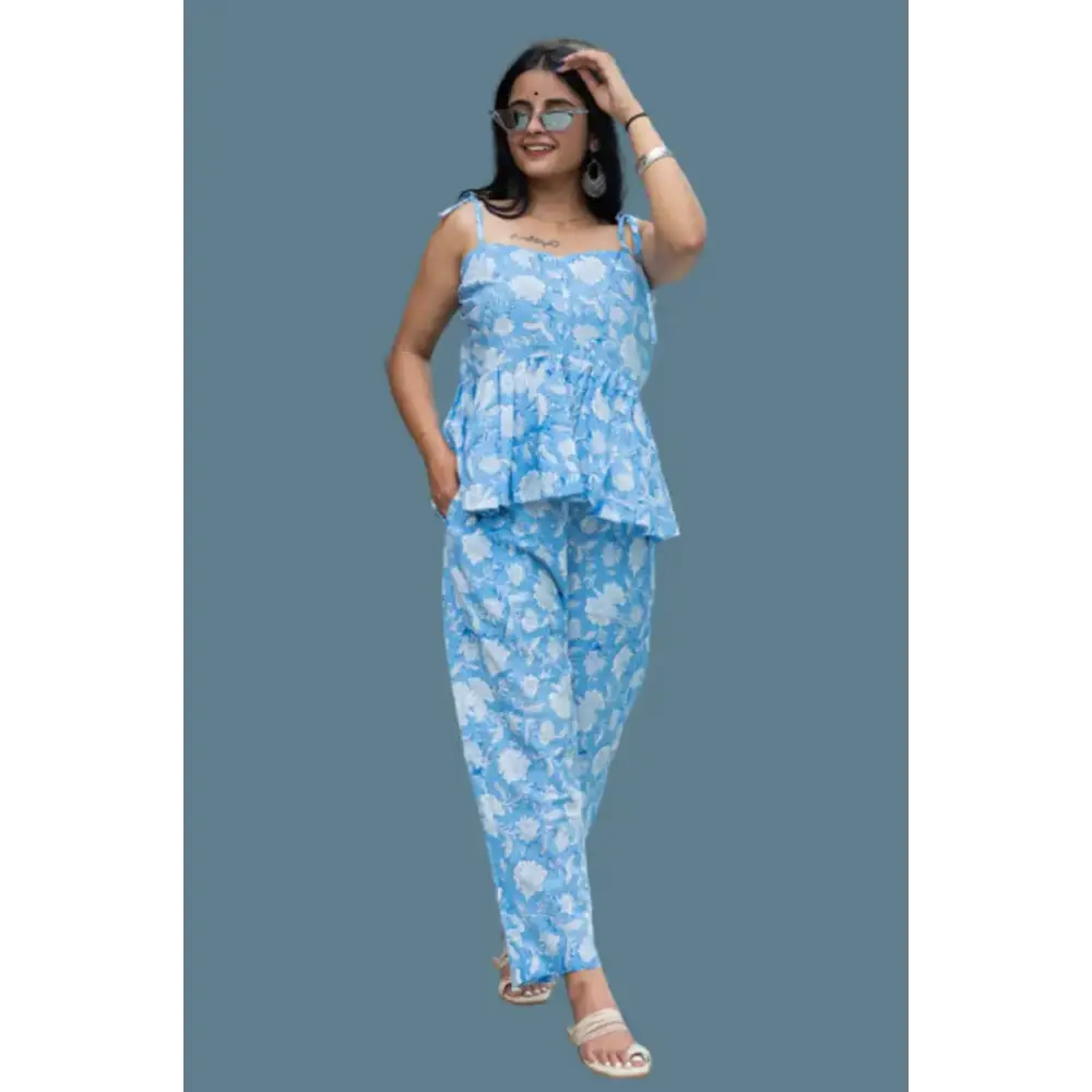 SKY BLUE PRINTED COTTON SILK CO-ORD DRESS A-Line Day Work