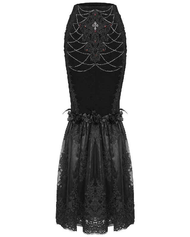 Eva Lady Dark Devore Baroque Gothic Velvet Chained Mermaid Skirt - Black leather skirt bold
