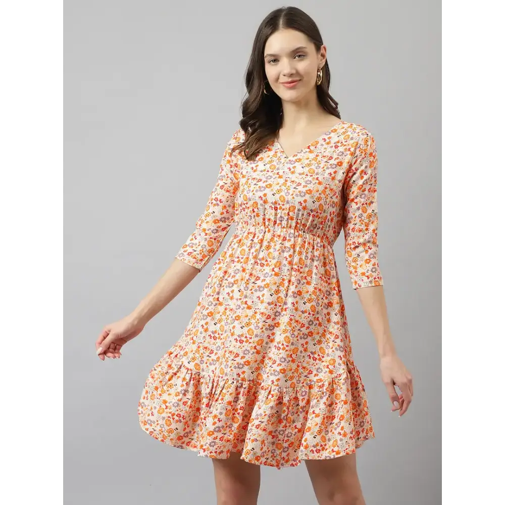 Stylish Orange Polyester Floral Printed Fit And Flare Dress For Women Tunics Fashionable chic