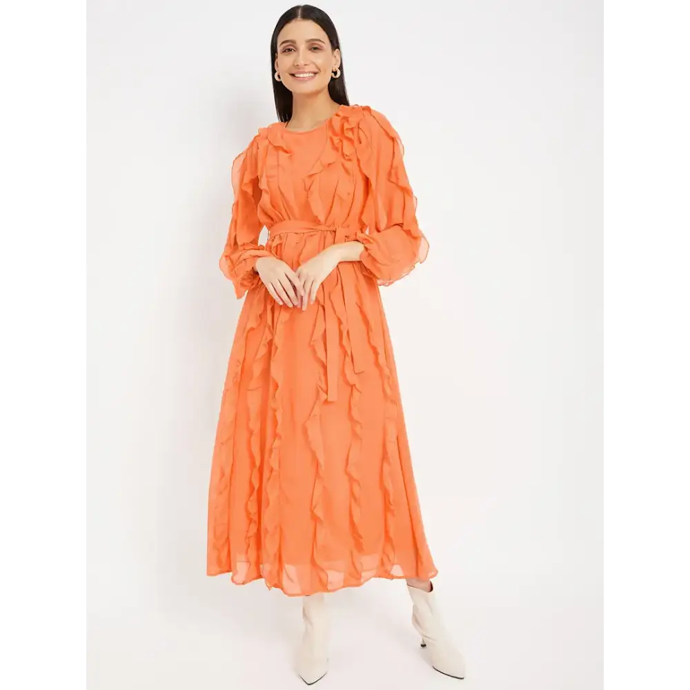 Drape and Dazzle Orange Stylish GGT Long Dress with Ruffle | Designer Dress for Women Tunics Polka dots