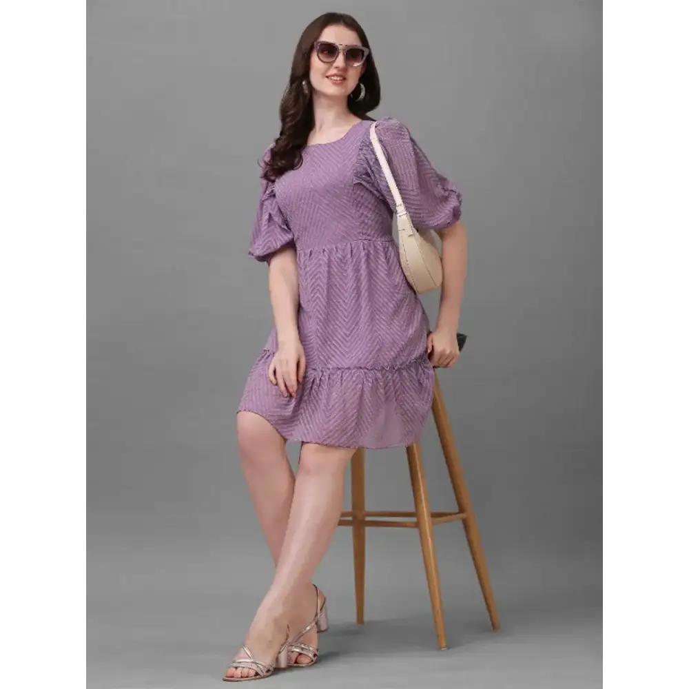 Women’s Dobby Pattern Power Shoulders Purple Geometric A-Line Dress Tunics Distressed trendy