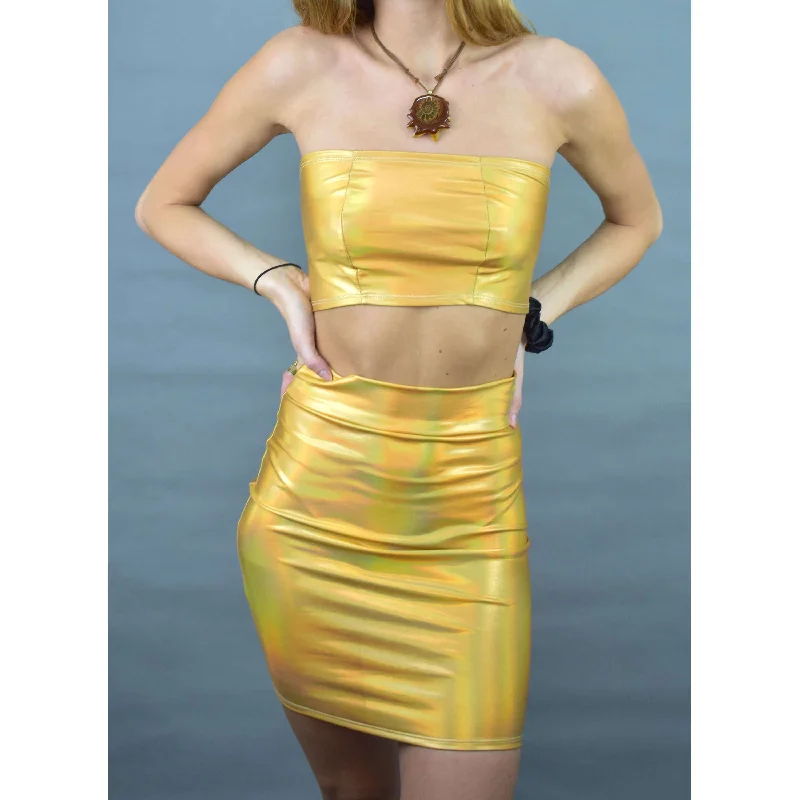 Gold Opal Iridescent Holographic Rave Outfit Skirt/Bandeau low waist skirt