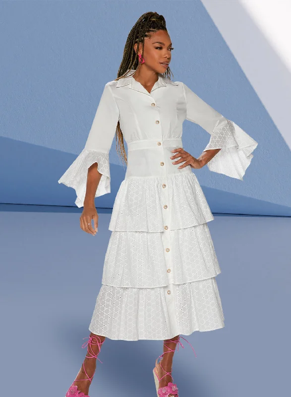 Love the Queen 17528 - White - Button Front Cotton Spandex Fabric with Eyelet Lace Cuffs Dress Tunics Stylish elegant