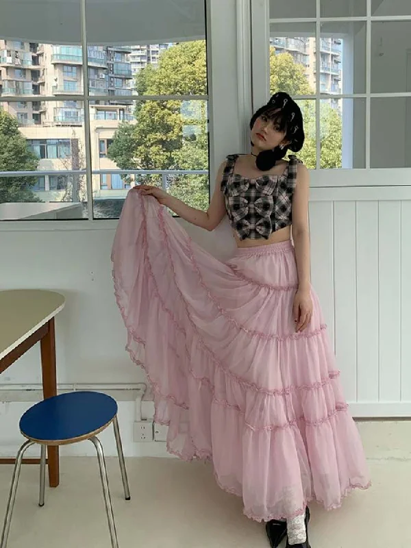 Cherry Blossoms Splice Mesh Volume Tiered Skirt【s0000007374】 corduroy skirt comfortable