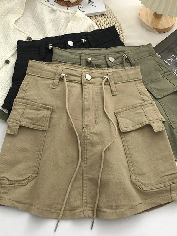 Women's Drawstring Denim Fly Cargo Skirt velvet skirt glossy