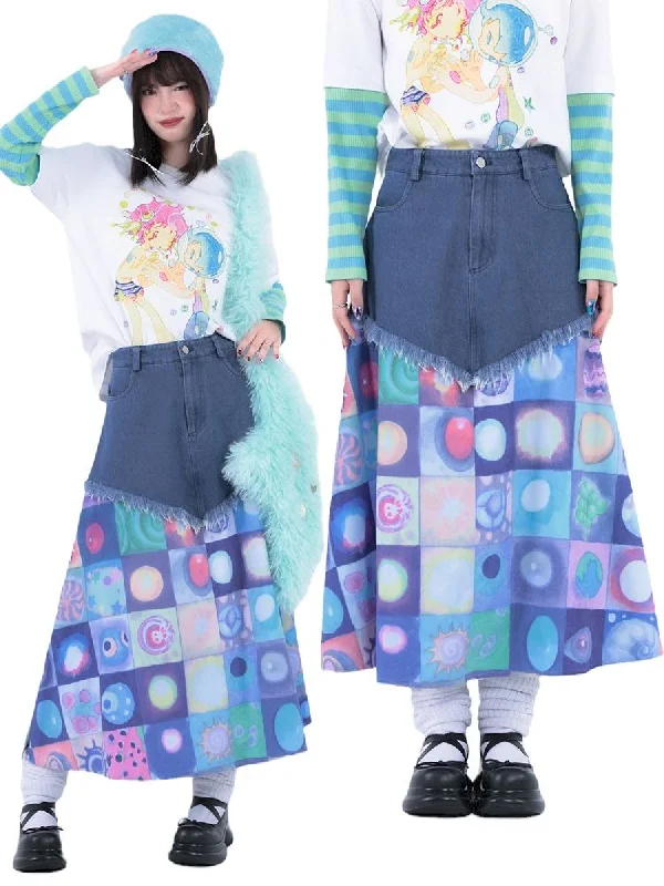 Plaid Patchwork Denim Maxi Skirt【s0000005728】 zip skirt side