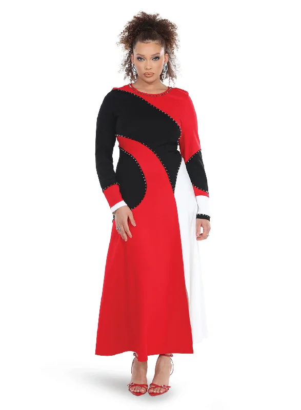 Love the Queen 17569 - Red White Black - Beautiful Soft Stretch Crepe Fabric Dress Trimmed With Silver Nail Heads Tunics Bridal satin