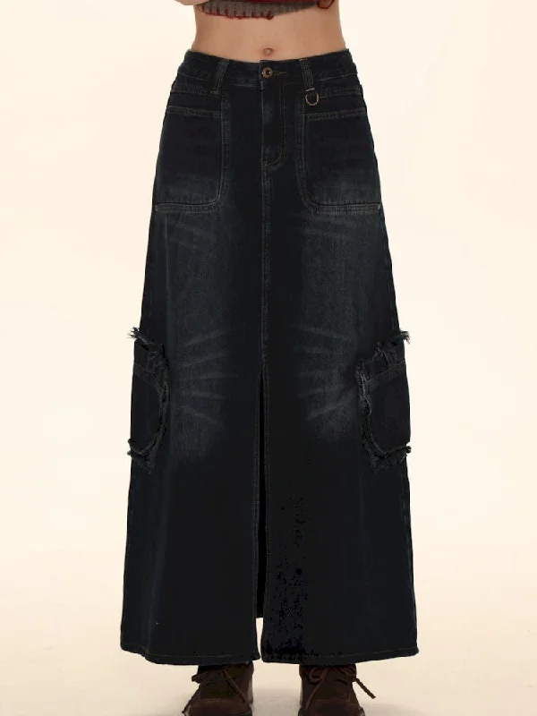 Raw Edge Tabs With Pockets Denim Work Skirt【s0000006002】 velvet skirt plush