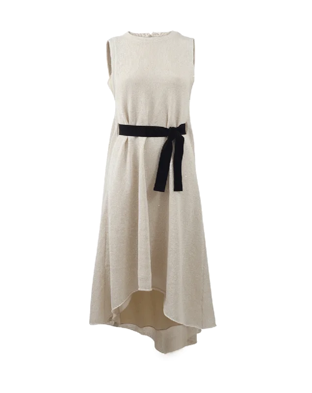Linen Pailette Dress Square Neckline Feminine