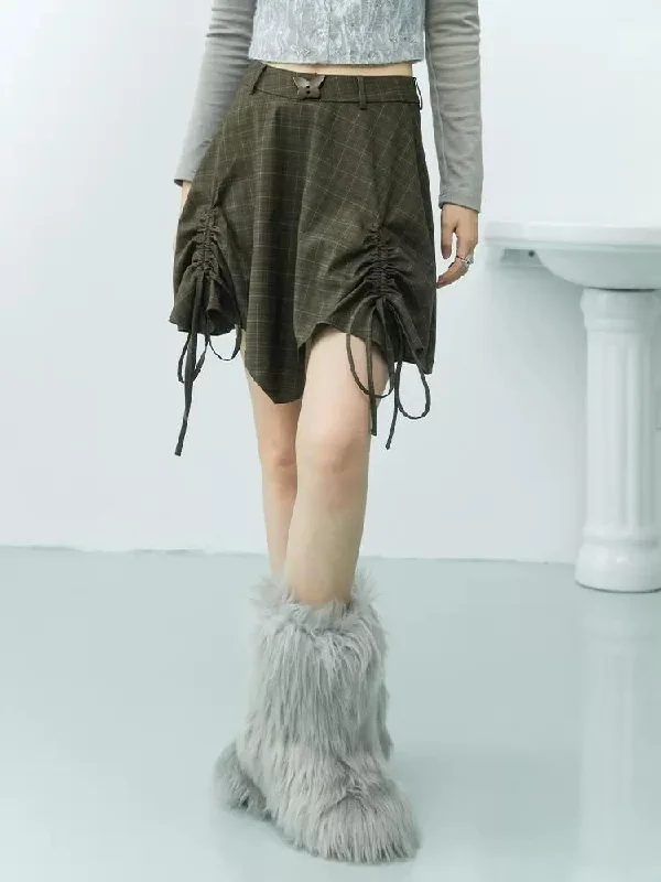 Embellished Drawstring Checkered Half Skirt【s0000006240】 leather skirt durable