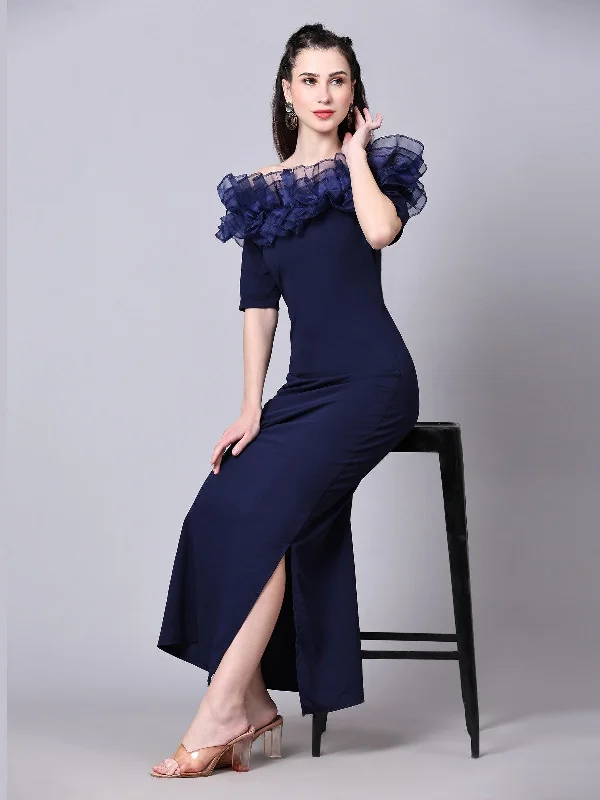 Women Stylish Solid Cotton Lycra Short Sleeve Maxi/Full Length Bodycon Navy Blue Dress Tunics Review highly