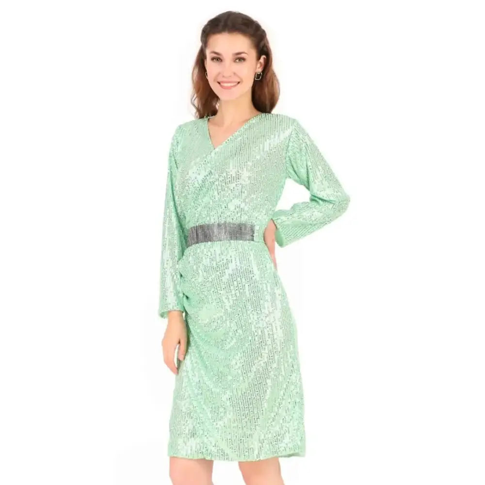 Women Turquoise Solid Shimmer Sequin Dress Tunics Business professional