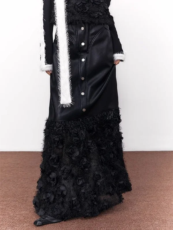 Patchwork Plush Floral Leather Half Skirt【s0000006953】 leather skirt sleek