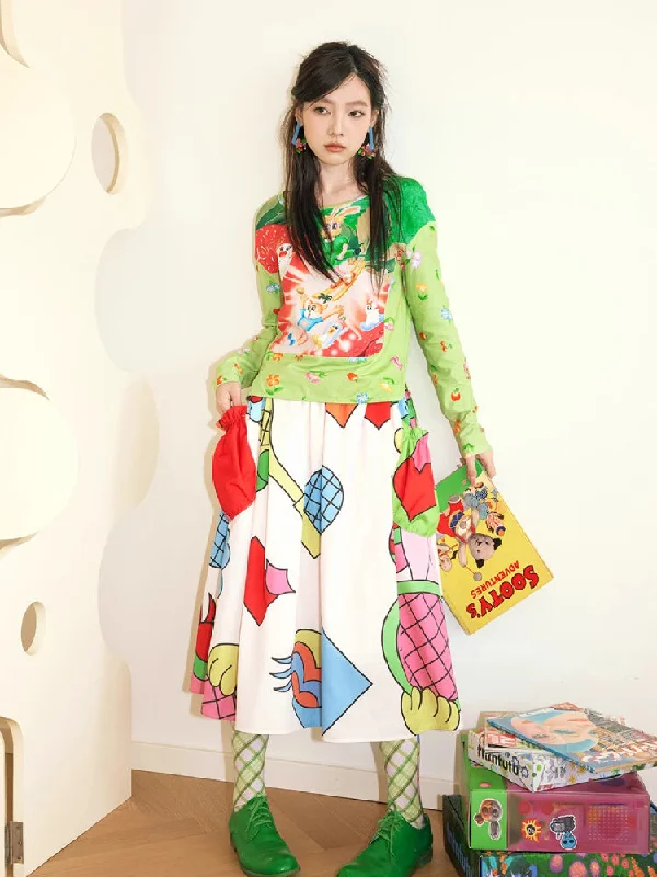 Big pocket print A-line skirt【s0000007772】 flowy skirt hem