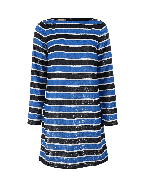 Stripe Sequined Dress Boat Neckline Classic