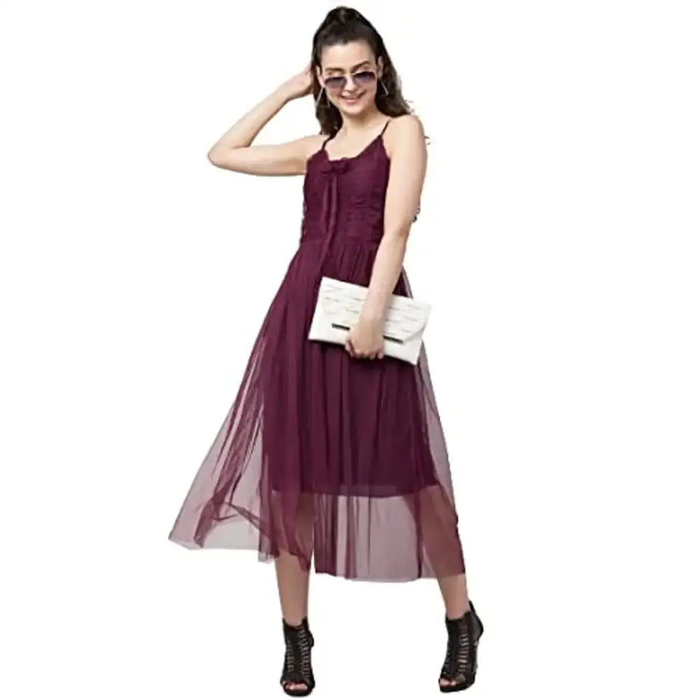 Teekhi Girl Women's Solid Net Casual Sleeveless A-Line Dress (Wine) Tunics Gym athletic