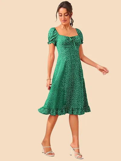 Stylish Green Polyester Printed Fit And Flare Dress For Women Tunics Office stylish