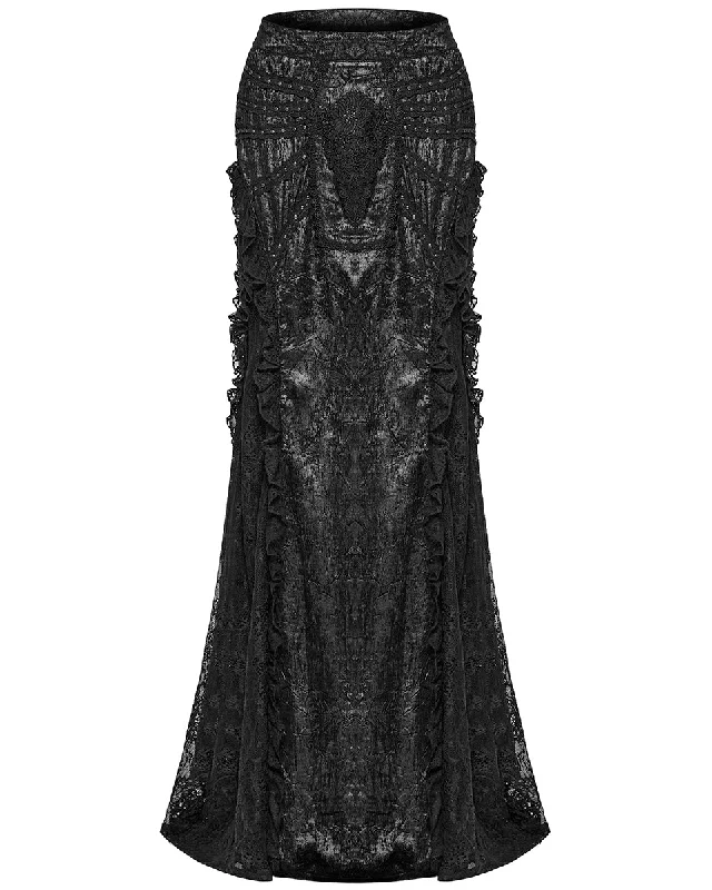 Punk Rave Long Textured Floral Tribute Casket Maxi Skirt - Black wool skirt sturdy