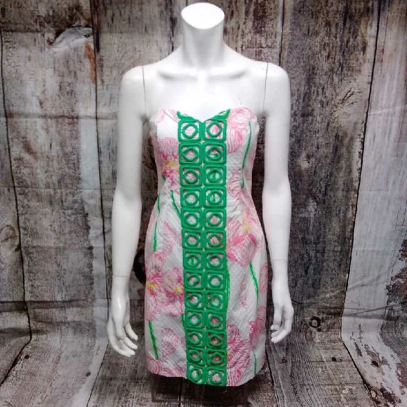 LILLY PULITZER WHITE GREEN FLORAL STRAPLESS DRESS SIZE 2 TCC Elegant Long Evening