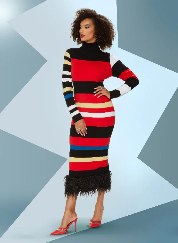 LTQ Knits - 17512 - Stripe Print Knit Feather Trim Dress Tunics Fashionable chic