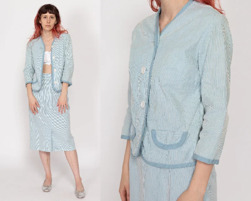 Petite XS 60s Blue & White Pinstriped Seersucker Skirt Set, As Is chiffon skirt airy