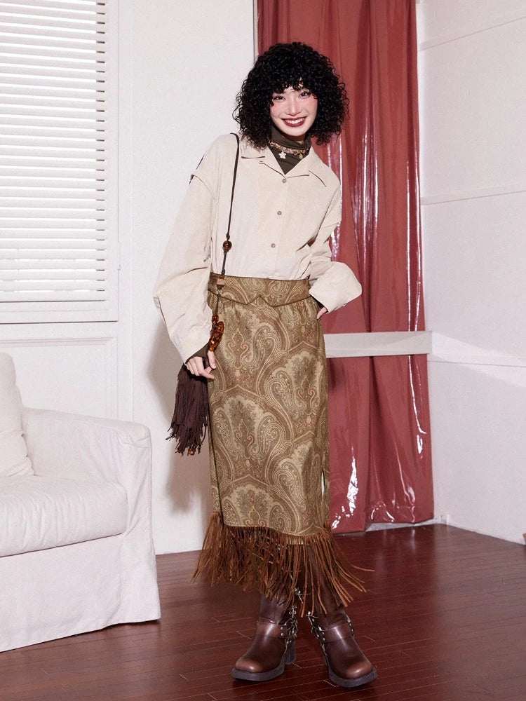 Red brown fringe skirt【s0000005533】 silk skirt sleek