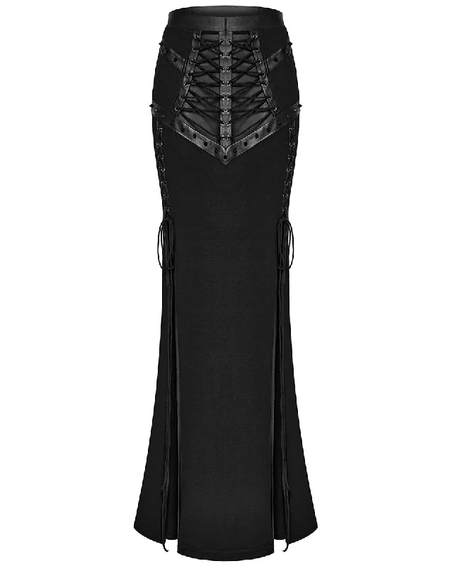 Punk Rave Daily Life Long Gothic Techwear Side-Split Lacing Maxi Skirt linen skirt natural