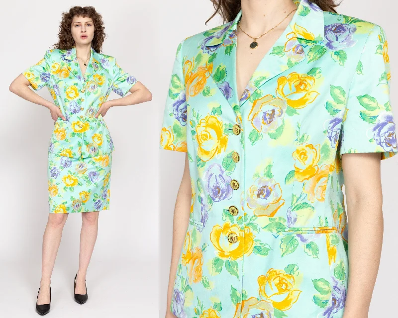 Medium 80s Escada Aqua Blue Floral Skirt Suit Set linen skirt breathable