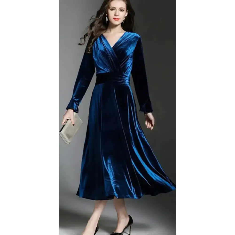 Solid V-Neck Velvet Long Dress For Women Boat Neckline Classic