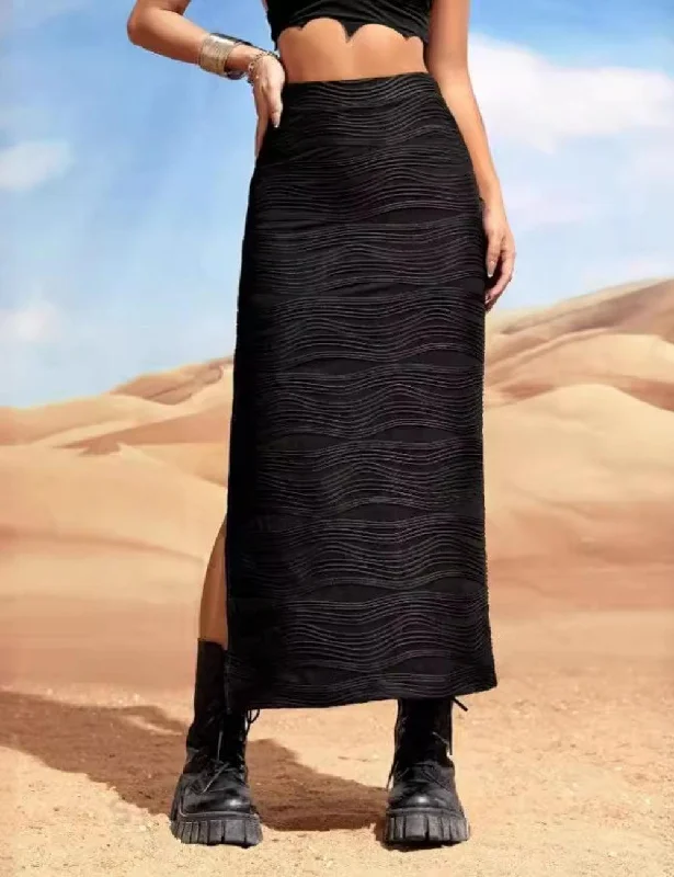 Ladies Water Ripple Textured Slit Skirt 5059# flowy skirt hem