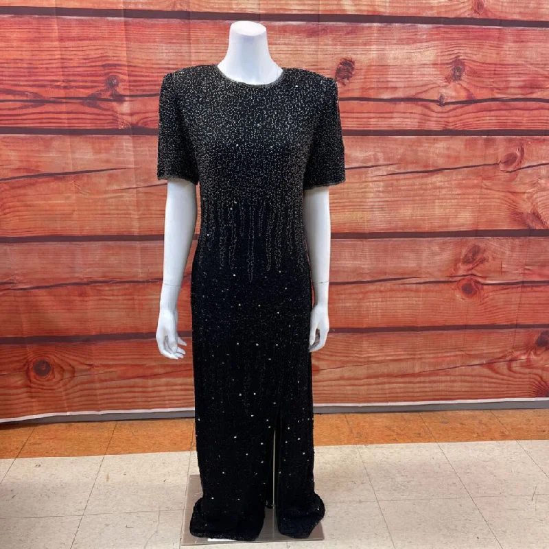 VNTG LAWRENCE KAZAR BLACK SILK BEADED LONG DRESS SIZE MEDIUM Off-the-shoulder Chic Trendy