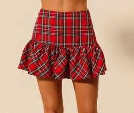 Checkered plaid balloon skirt with invisible zipper ruffled skirt detail