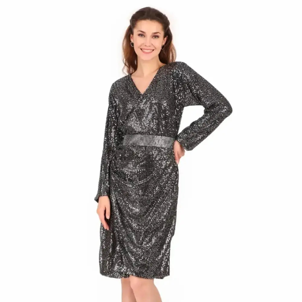 Women Black Solid Shimmer Sequin Dress Tunics Prom sequined