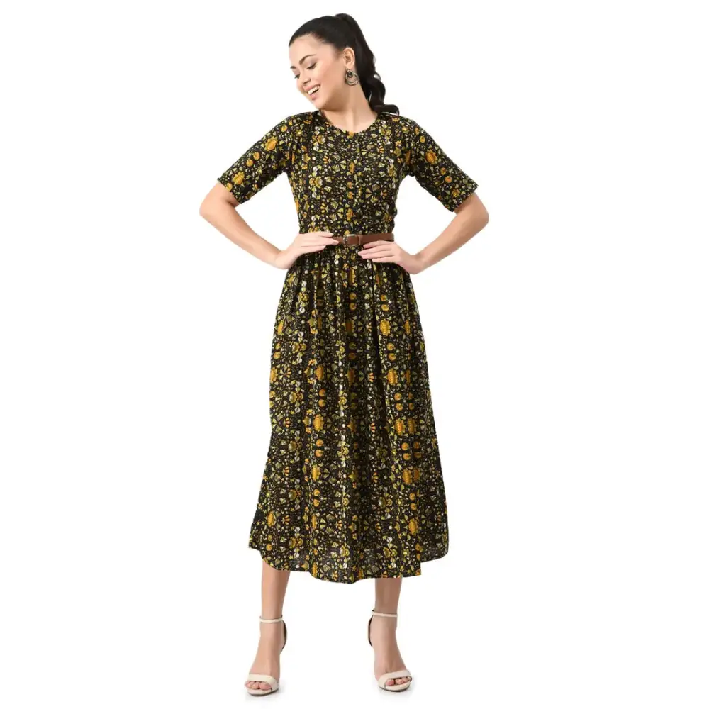 Trendy Women fit and flare long dress with belt. Tunics Travel practical