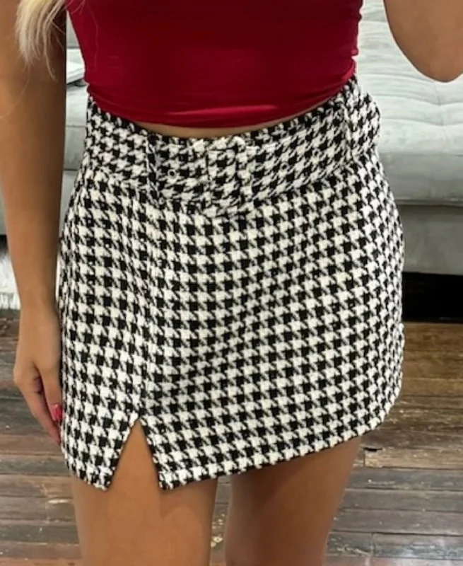 Knitted houndstooth mini skirt with belt lace skirt romantic