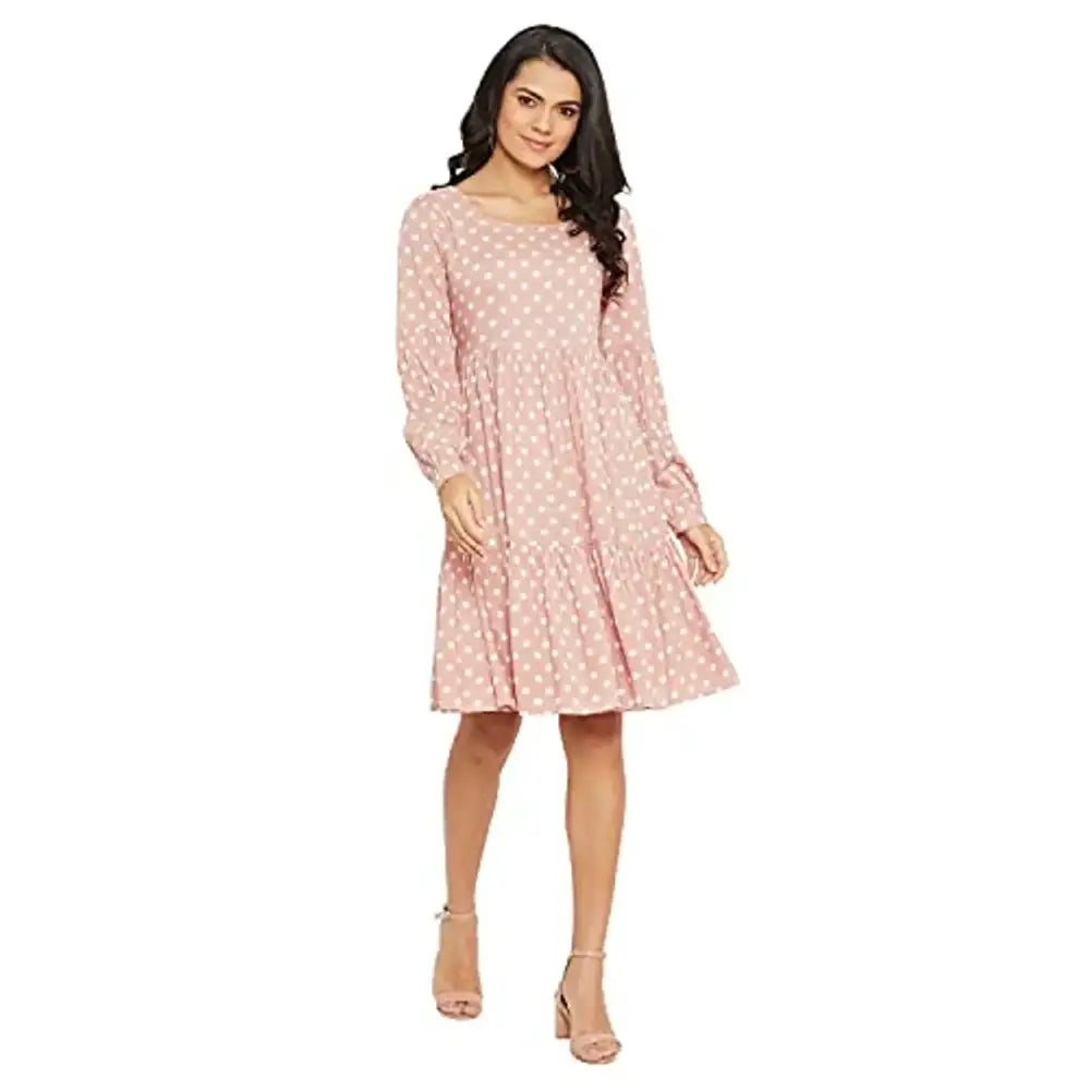 Women Pink Polka Dot Tiered A-line Dress Tunics Print Colorful