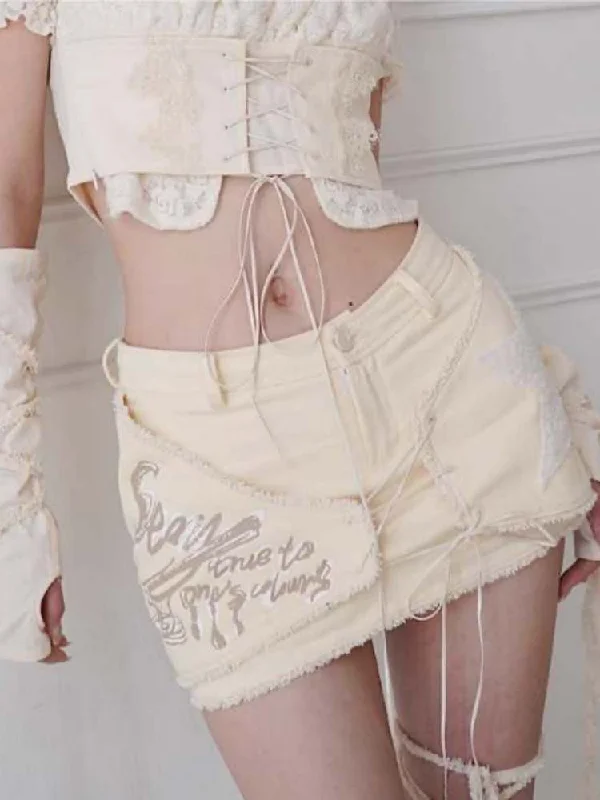Fleece Star Patch Asymmetrical Frayed Hem Mini Skirt【s0000008157】 velvet skirt rich