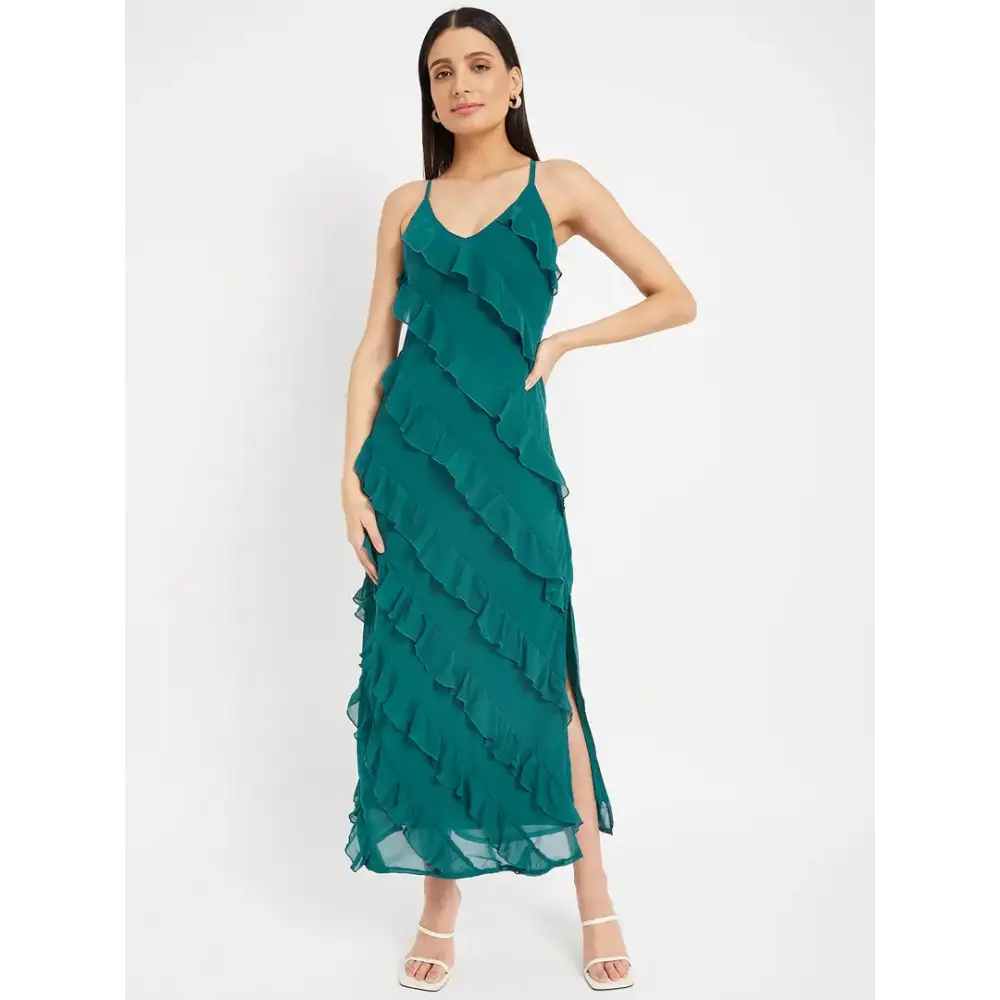 Drape and Dazzle Party Wear GGT Long Dress with Side Slit | Stylish Teal Dress with Stap for Women Tunics stripes playful