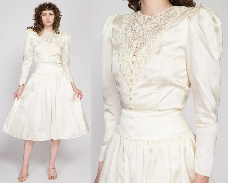 Small 80s Jessica McClintock Victorian Ivory Satin Skirt Suit denim skirt classic
