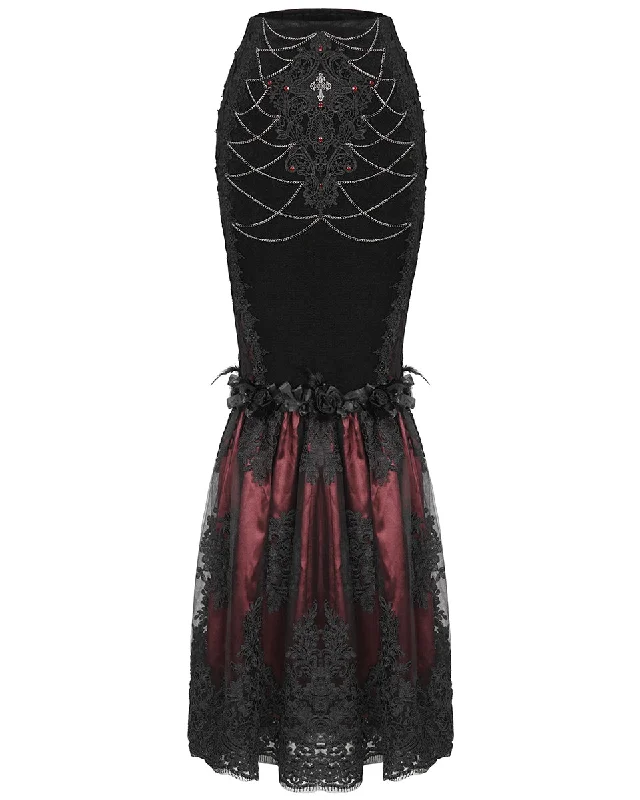 Eva Lady Dark Devore Baroque Gothic Velvet Chained Mermaid Skirt - Black & Red leather skirt refined